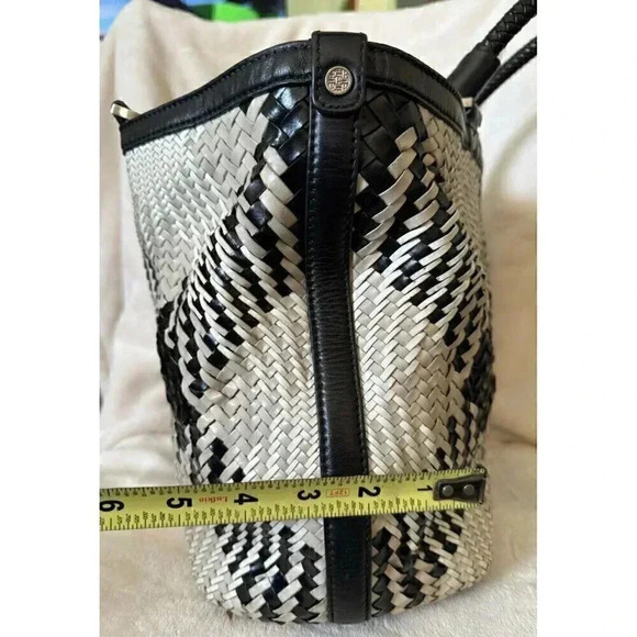 COLE HAAN Genevieve Woven Weave Black & White Tote Shoulder Bag Braided Handles - Picture 10 of 13